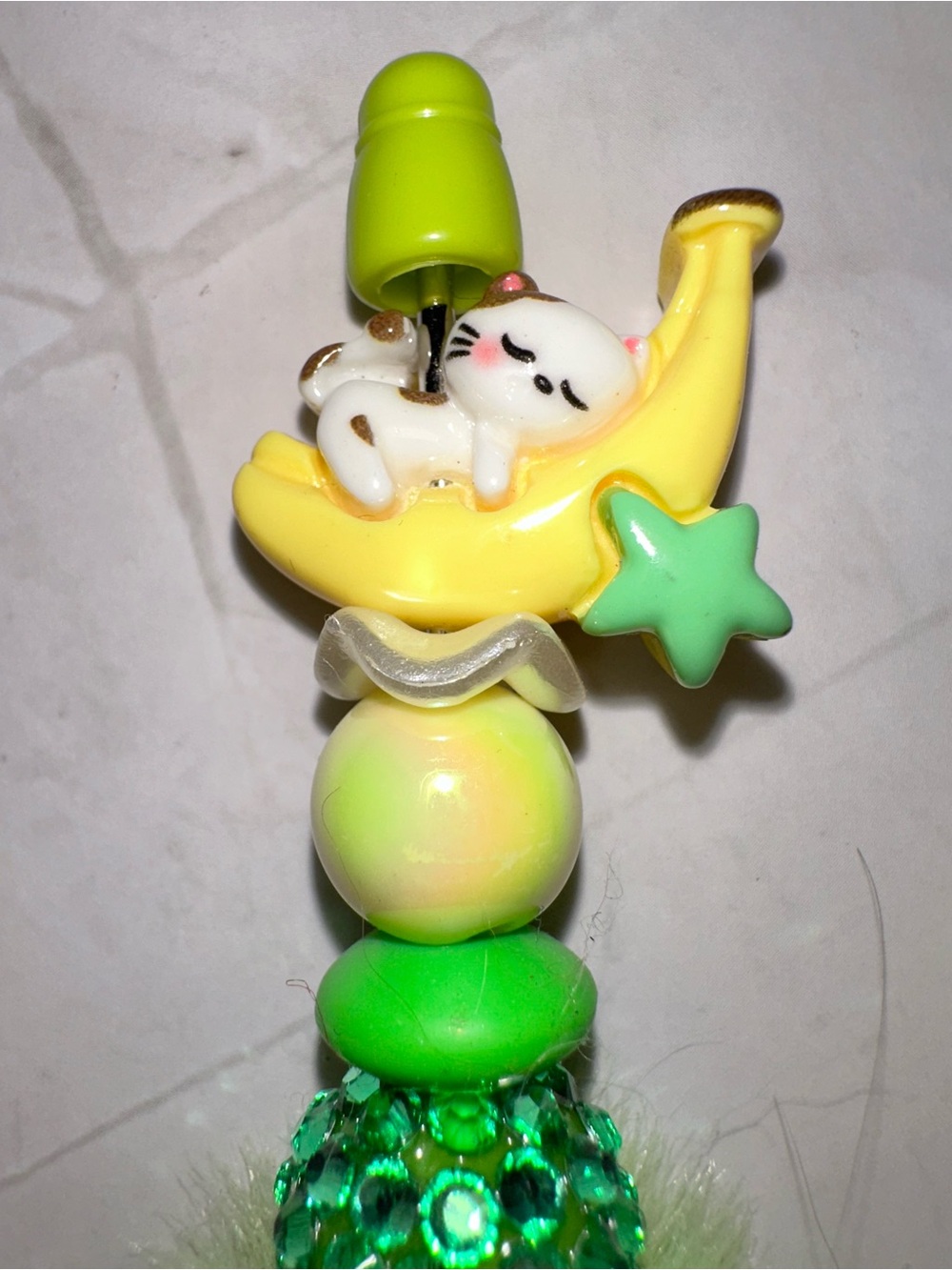 Cute Cat on Banana Bead Charm Handmade Pen